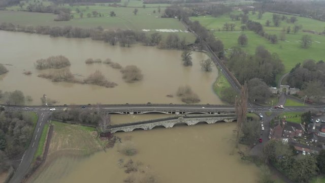Aerial View over Flooded Atcham Bridge in Shropshire