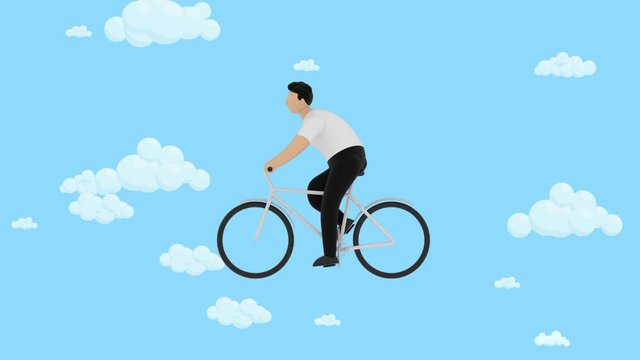 Cartoon man riding a bicycle in the cloudy skies. 3D rendering, motion graphic animation.