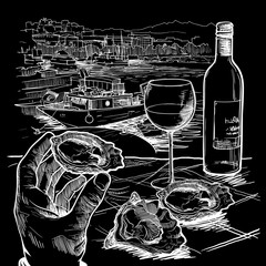 Still life drawing witha a hand holding oyster a bottle of white wine and a couple of oysters laying on a table. Panorama of La Spezia, Italy. Chalk on a blackboard. EPS10 vector illustration