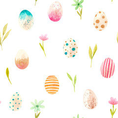 Watercolor set of hand drawn colored Easter eggs.