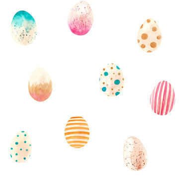Watercolor set of hand drawn colored Easter eggs.