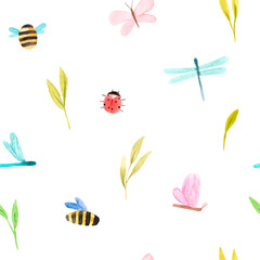 Fototapeta na wymiar Seamless pattern of watercolor bugs