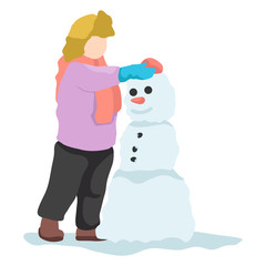 A teenage girl is arranging snow to become a snowman according to her dreams
