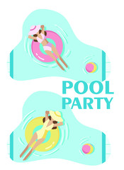 a pool party, a poster for a pool party with an inscription, people swim in the pool