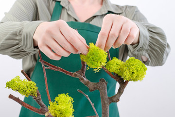 Woman shows how to make Easter decoration in tree shape with hanging eggs