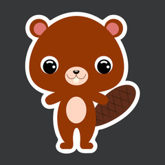Children's sticker of cute little beaver. Forest animal. Flat vector stock illustration