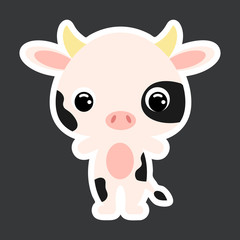 Children's sticker of cute little cow. Domestic animal. Flat vector stock illustration
