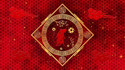Black Chinese New Year background with gold, rat, 3D rendering. Magical Happy new year animation.