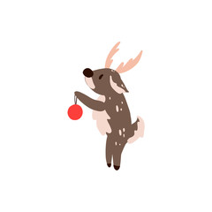Brown deer in paws Christmas ball in nordic minimalist style. Cute digital flat illustration. Print for cards, posters, banners, web, fabrics, textiles, wrapping paper.