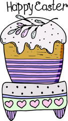 Ready-made design for Easter cards, posters, decoupage, things. Cake on the stand. Drawing in a vector by hand.