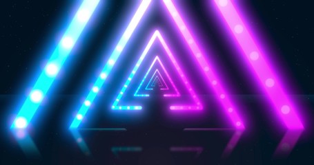 Abstract neon flying triangle tunnel with fluorescent ultraviolet light. Different Colors Rainbow.