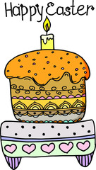 Ready-made design for Easter cards, posters, decoupage, things. Cake on the stand. Drawing in a vector by hand.