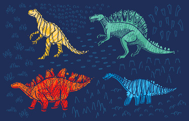 Vector hand drawing with stylized dinosaurs.