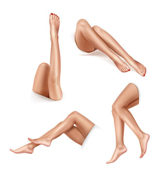 Beautiful women's legs in various positions. Depilation concept. Vector realistic illustration isolated on white