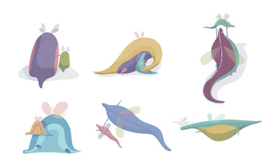 Cute Winged Dragons Playing with Their Cubs Vector Set