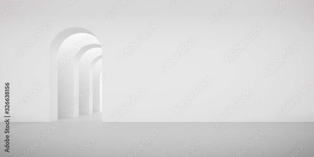 Poster view of empty white room with arch design and concrete floor,museum space, chapel entrance, perspect