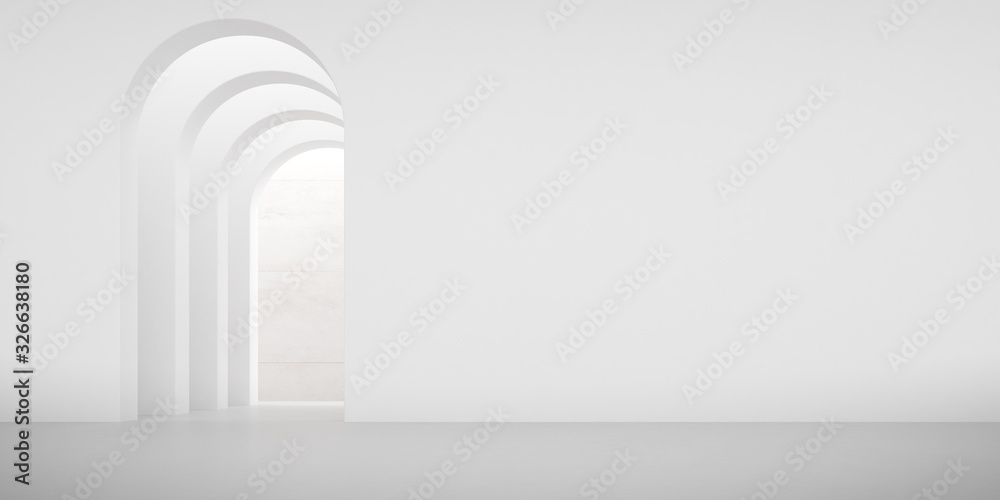 Poster view of empty white room with arch design and concrete floor,museum space, chapel entrance, perspect
