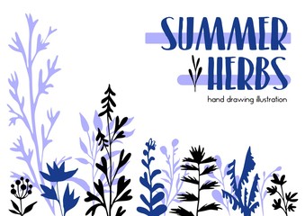 Summer herbs ink silhouettes illustration hand drawing