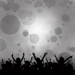 Black and white illustration. Silhouettes of groups of people playing. Bokeh effect on gray background.