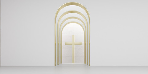 View of empty white room with arch design and golden cross,Museum space, Chapel entrance,church, Perspective of minimal architecture. 3D render.