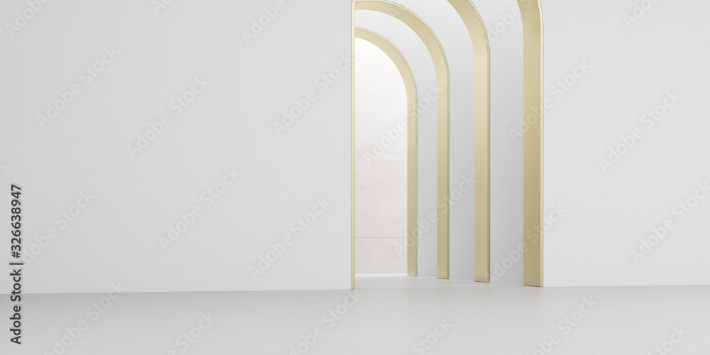 Poster view of empty white room with arch design and concrete floor,museum space, chapel entrance, perspect