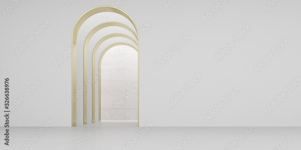 Poster view of empty white room with arch design and concrete floor,museum space, chapel entrance, perspect