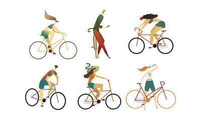 Naklejka premium People Wearing Sportive Wear Riding Bikes Vector Set