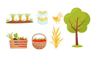 Farming and Harvesting Products with Wheatear and Basket of Vegetables Vector Set