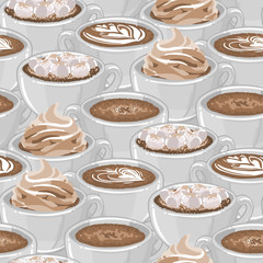 Round cups of coffee, cacao or hot chocolate with milk botanical art, whipped cream and marshmallows.