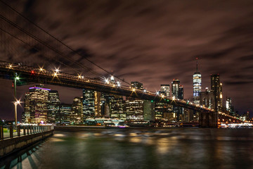 Brooklyn Bridge and Downtown Skyscrapers in Manhattan before sunrise