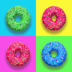 Multicolored glazed donuts on multicolored backgrounds