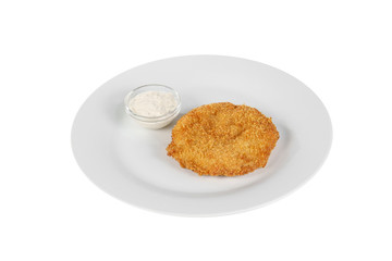 Schnitzel from chicken, pork, beef, meat, grilled fish with Tartar, sour cream, mayonnaise, white sauce, isolated white background side view