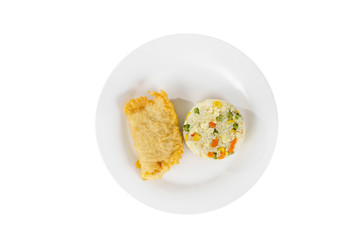 breaded meat from chicken, pork, beef, meat, grilled fish with garnish rice with vegetables on a plate, isolated white background, side view