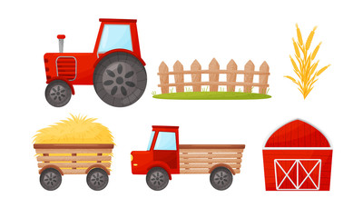 Farming and Harvesting Theme with Barn and Tractor Vector Set