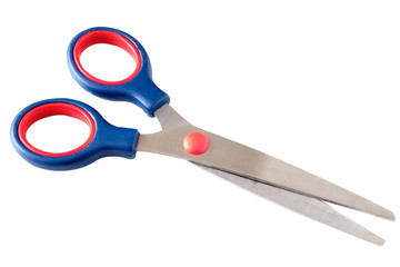 Blue and reds or orange craft scissors on a white background