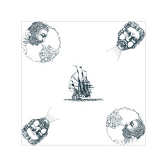 The Anemoi, Gods of winds and old sailing ship hand drawn in engraving style. Vector illustration of mythological theme.