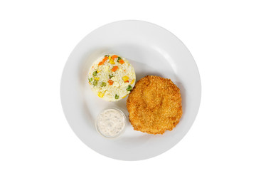 Schnitzel from chicken, pork, beef, meat, grilled fish with garnish rice with vegetables on a plate, Tartar, sour cream, mayonnaise, white sauce, isolated white background side view