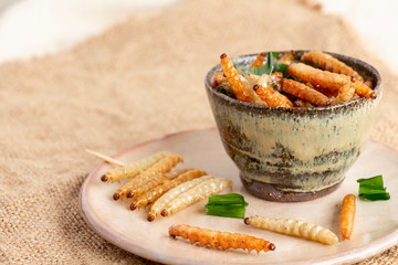 Food Insects: Bamboo worm or Bamboo Caterpillar insect fried crispy for eating as food items in...