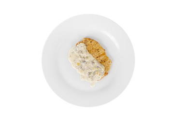 Steak, pork chop, chicken, light grilled meat, barbecue, with mushroom creamy, sour cream sauce on a plate, isolated on a white background. For a menu in the restaurant, bar View from above