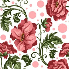 Fototapete Rund seamless pattern of decorative red peony and rose flowers © pushenko