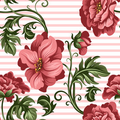 seamless pattern of decorative red peony and rose flowers - 326640921