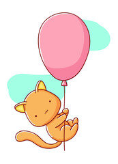 Cute cat flying in a hot air balloon cartoon cute Hello hand-drawn isolated on white background