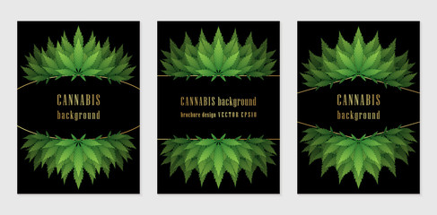 Vector set of cover design template with wonderful frame or border of cannabis leaves; Contrast black backgrounds with golden elements and green summer plants for products and printing with marijuana.