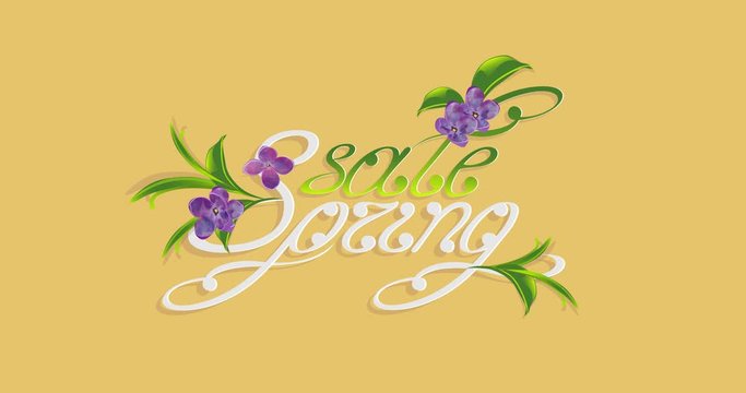 Animated spring sale inscription on orange background. Animation with flowers and leaves. Swirl handwritten text. Useful for special offer and banners
