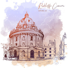 Radcliffe Camera. Westminster, London, UK. Excellent example of the Palladian architecture. Vintage design. Linear sketch on a watercolor textured background. EPS10 vector illustration