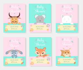 Set of Baby shower posters with cute animals. Greeting card, koala, fox, hare, squirrel, cow and cat. Vector illustration