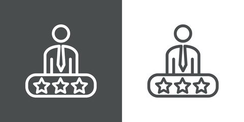 S&iacute;mbolo evaluaci&oacute;n. Icono plano hombre de negocios sobre estrellas en fondo gris y fondo blanco