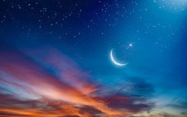 Naklejka na ściany i meble Ramadan background with crescent, stars and glowing clouds with ray from skies. Month of Ramadan is that in which was revealed Quran.