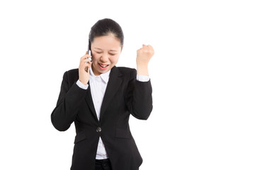 Young Business woman happy speaking mobile phone isolated on white background, model is a asian beauty