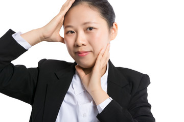 Annoyed woman, funny student with laptop computer playing holding pen between nose and lips as mustache looking up thinking playful bored after working long hours isolated light blue white background